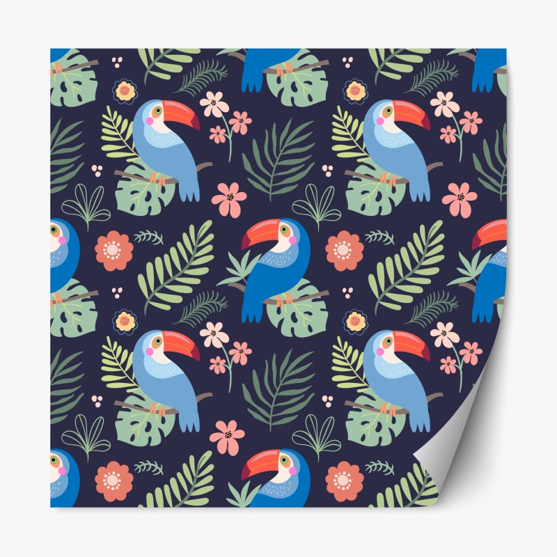 Naklejka repozycjonowalna tropikalny wzór z tukanami na granatowym tle