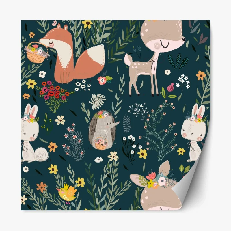 Naklejka repozycjonowalna leśni przyjaciele - kwiatowy wzór do pokoju dziecięcego