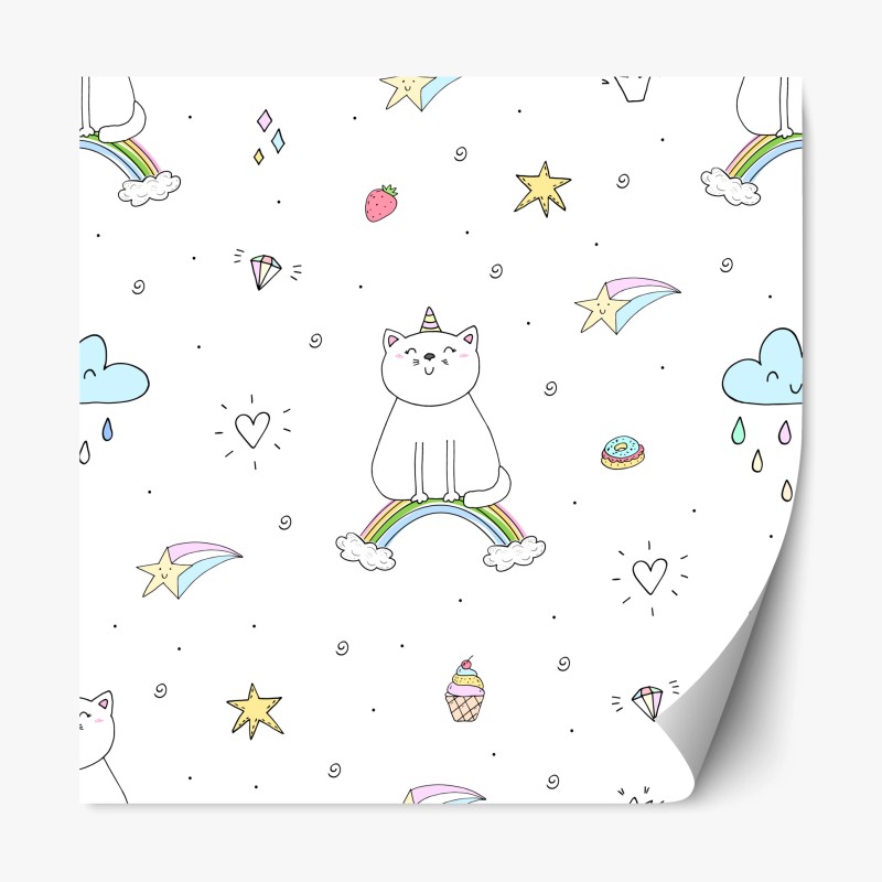Naklejka repozycjonowalna pastelowy kot jednorożec na tęczy