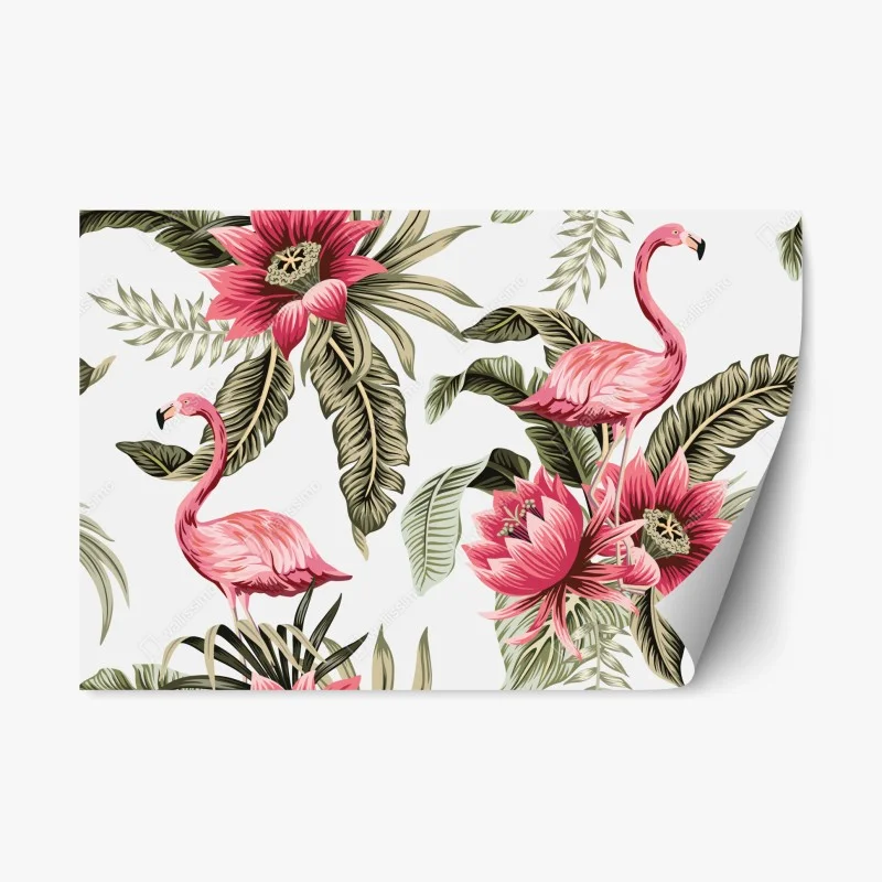 Naklejka repozycjonowalna tropikalne różowe flamingi i kwiaty