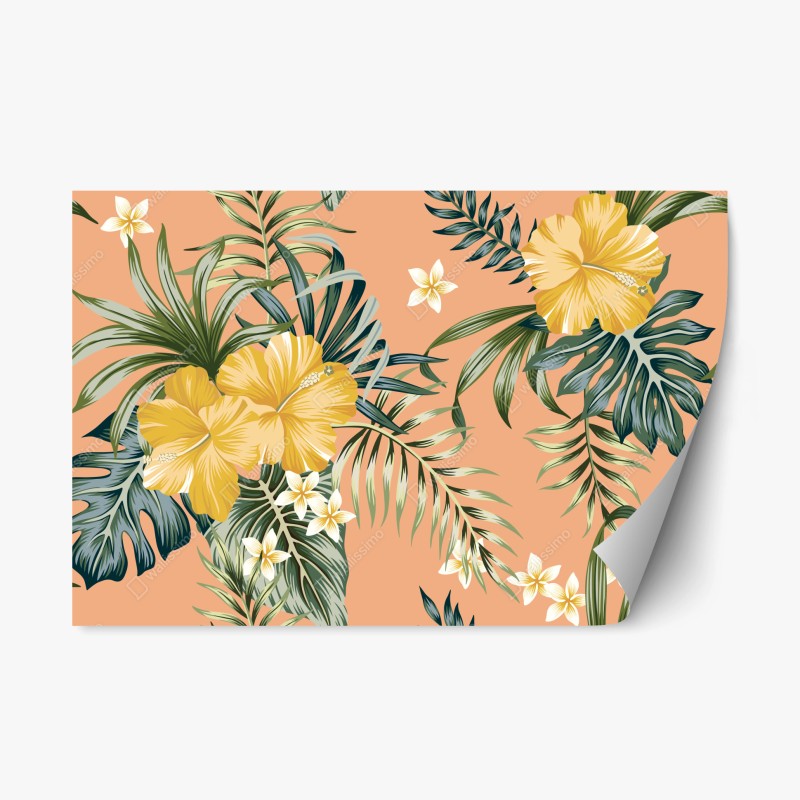Naklejka repozycjonowalna tropikalny wzór z hibiskusem na brzoskwiniowym tle