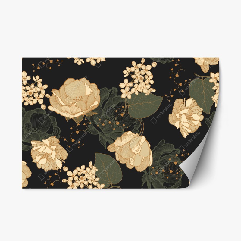 Naklejka repozycjonowalna złote piwonie na ciemnym botanicznym tle