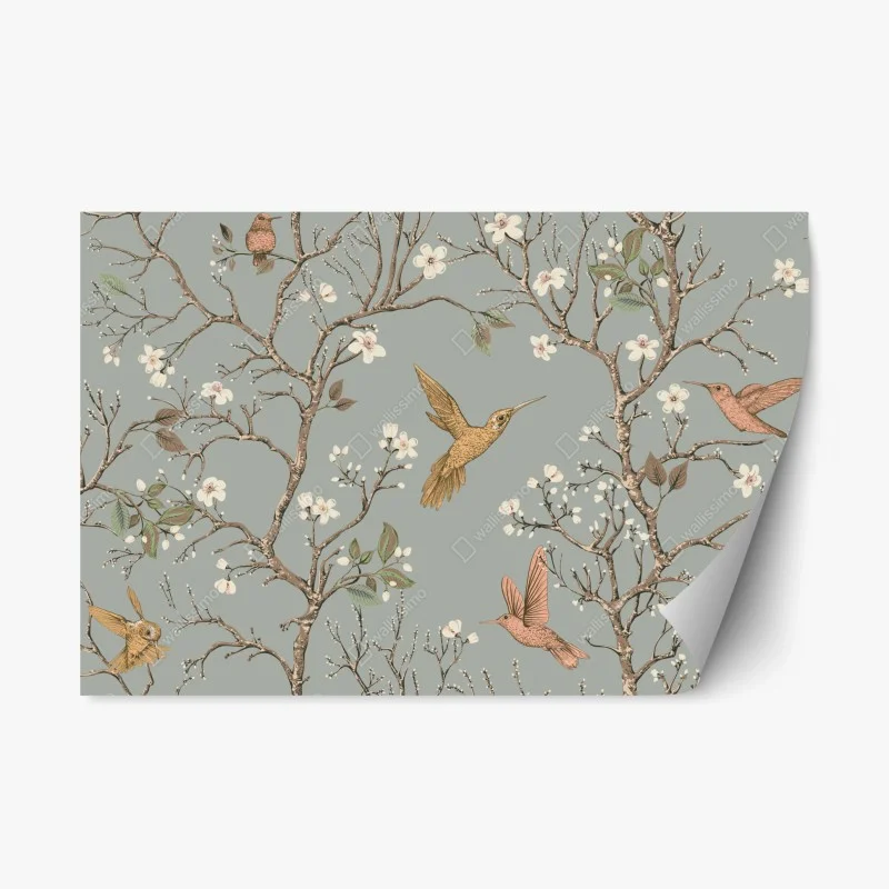 Naklejka repozycjonowalna vintage wzór kolibrów i kwiatów