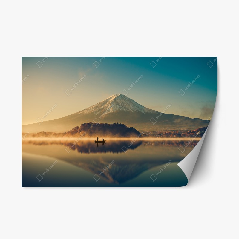 Naklejka repozycjonowalna wschód słońca nad Mount Fuji nad jeziorem Kawaguchiko