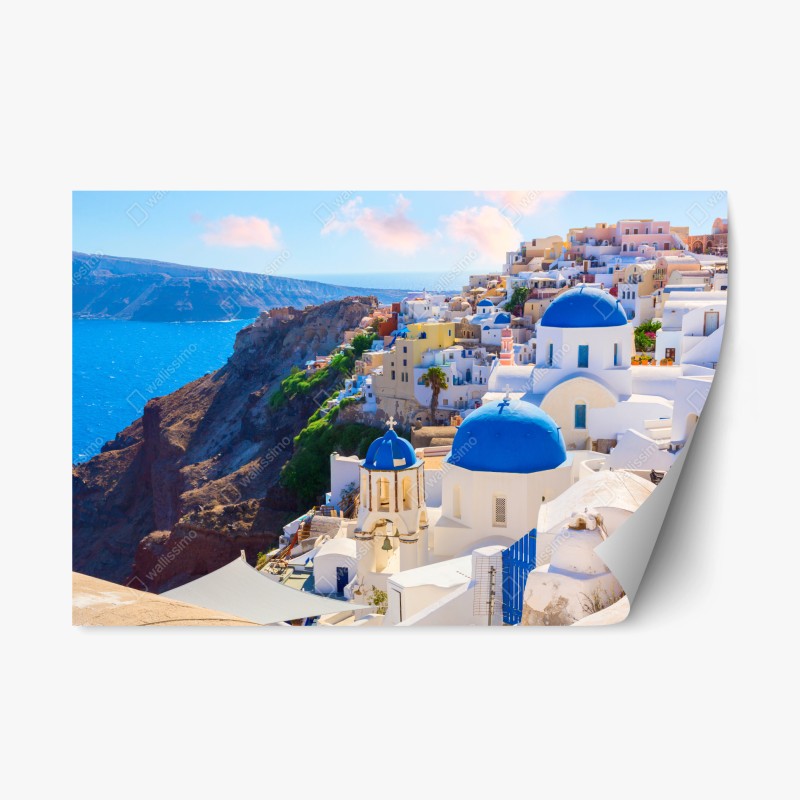 Naklejka repozycjonowalna Santorini niebieskie kopuły i białe domy