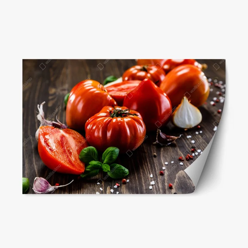 Naklejka repozycjonowalna dojrzałe pomidory na rustykalnym stole