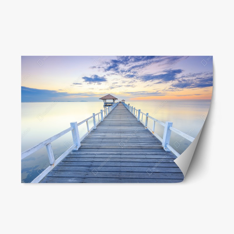 Naklejka repozycjonowalna spokojne drewniane molo o zachodzie słońca