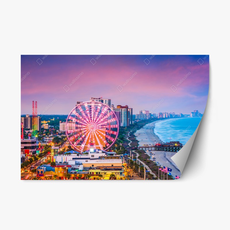 Naklejka repozycjonowalna Myrtle Beach zachód słońca nad plażą z diabelskim młynem