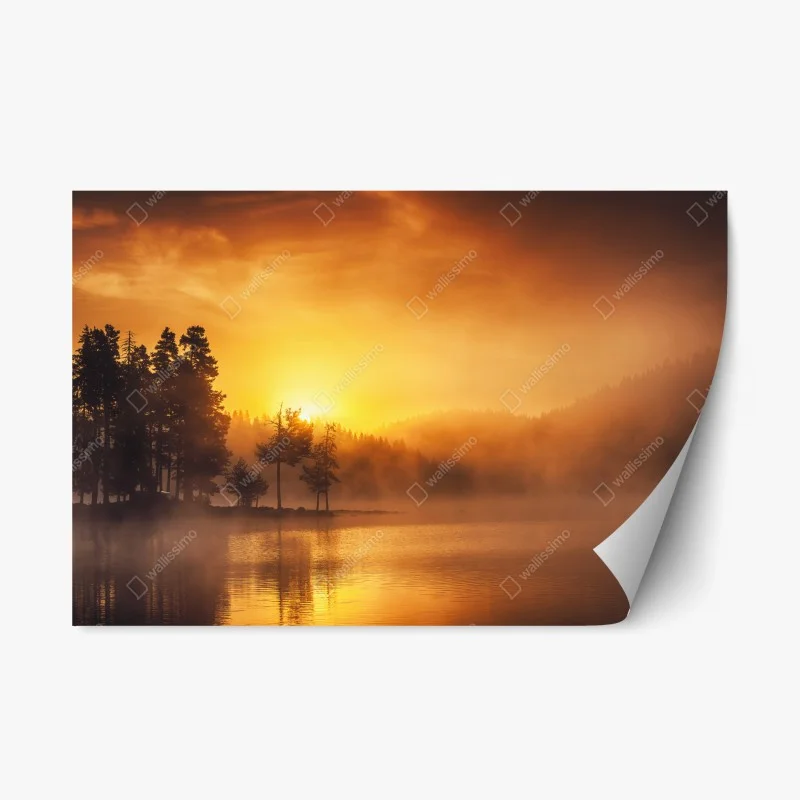 Naklejka repozycjonowalna złoty wschód słońca nad mglistym jeziorem