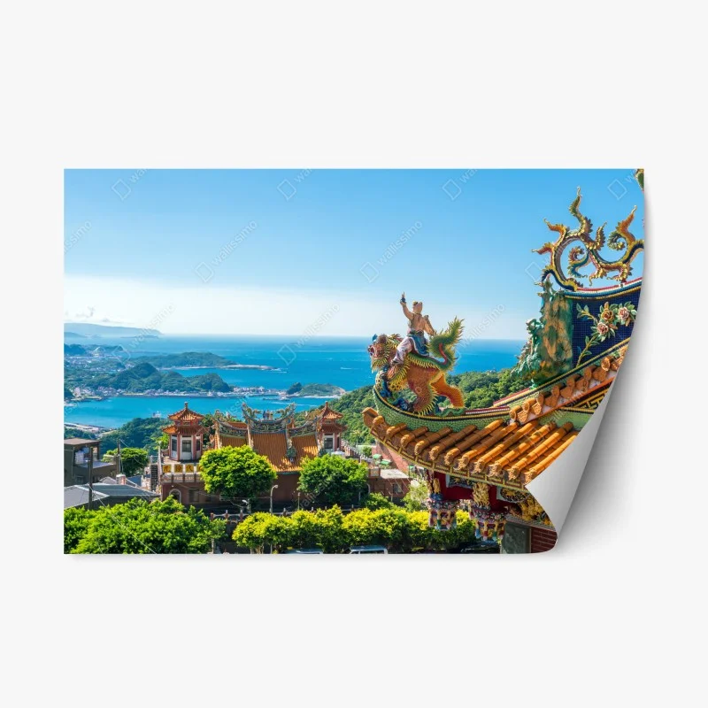 Naklejka repozycjonowalna świątynia z widokiem na wybrzeże Jiufen, Tajwan