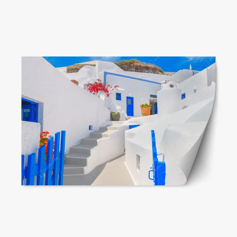 Naklejka repozycjonowalna Santorini białe domy z niebieskimi akcentami