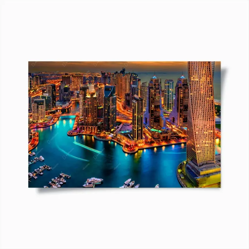 Plakat żywy widok Dubaj marina o zmierzchu