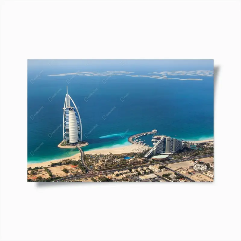 Plakat Dubaj Burj Al Arab nad turkusowym morzem