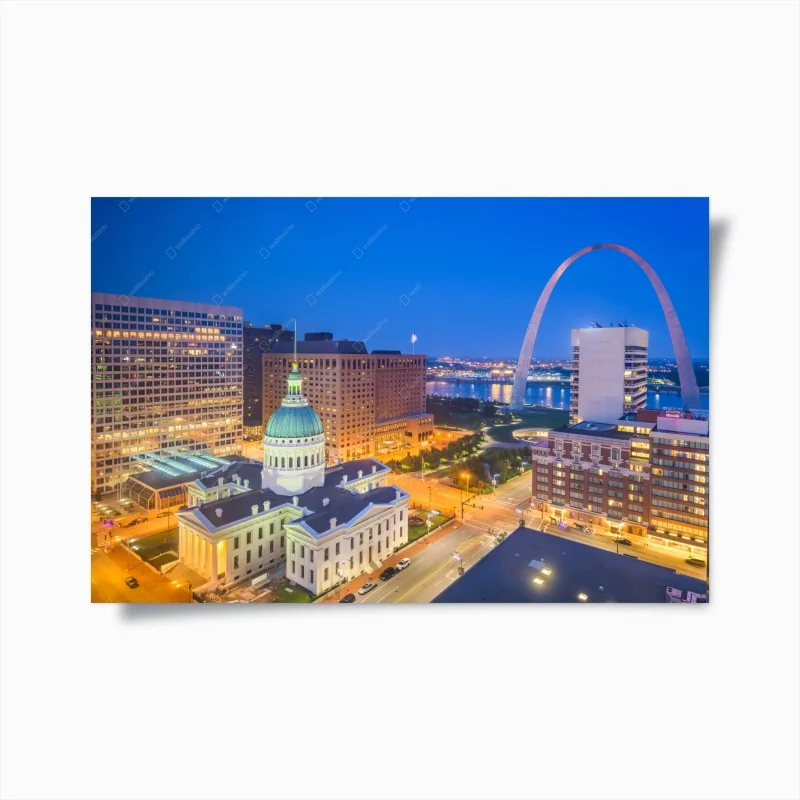 Plakat panorama miasta St. Louis o zmierzchu