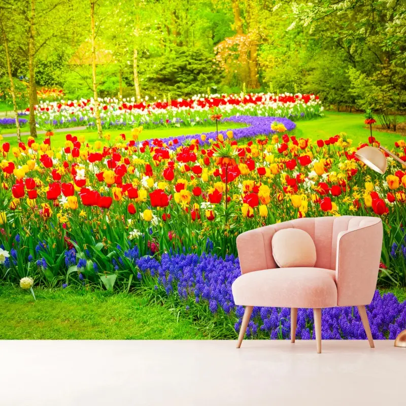 Fototapeta kolorowy wiosenny ogród tulipanów