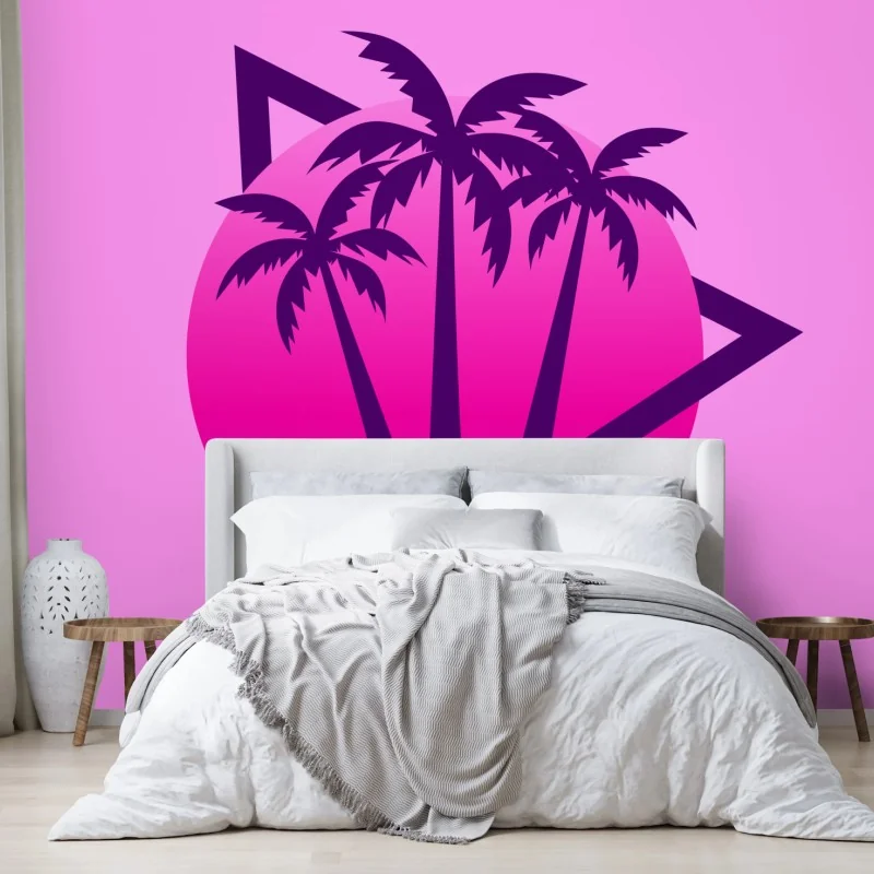 Fototapeta retro synthwave zachód słońca z palmami