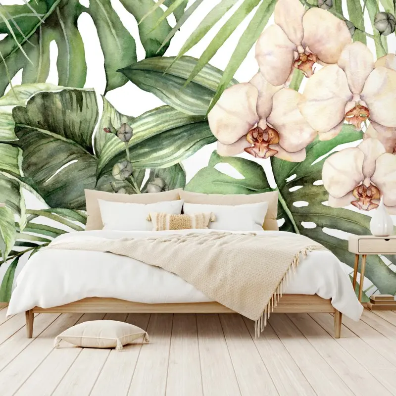 Fototapeta delikatne akwarelowe orchidee i tropikalne liście