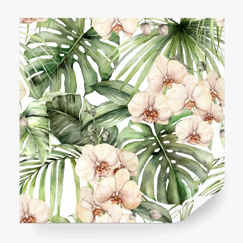 Fototapeta delikatne akwarelowe orchidee i tropikalne liście