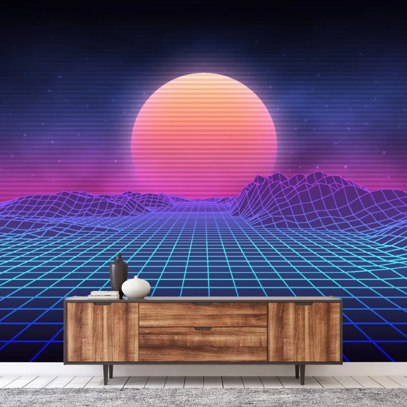 Fototapeta synthwave neonowy zachód słońca na siatce