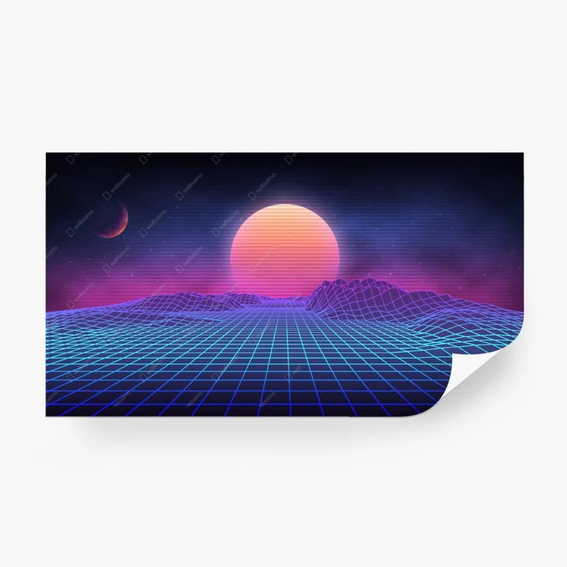 Fototapeta synthwave neonowy zachód słońca na siatce