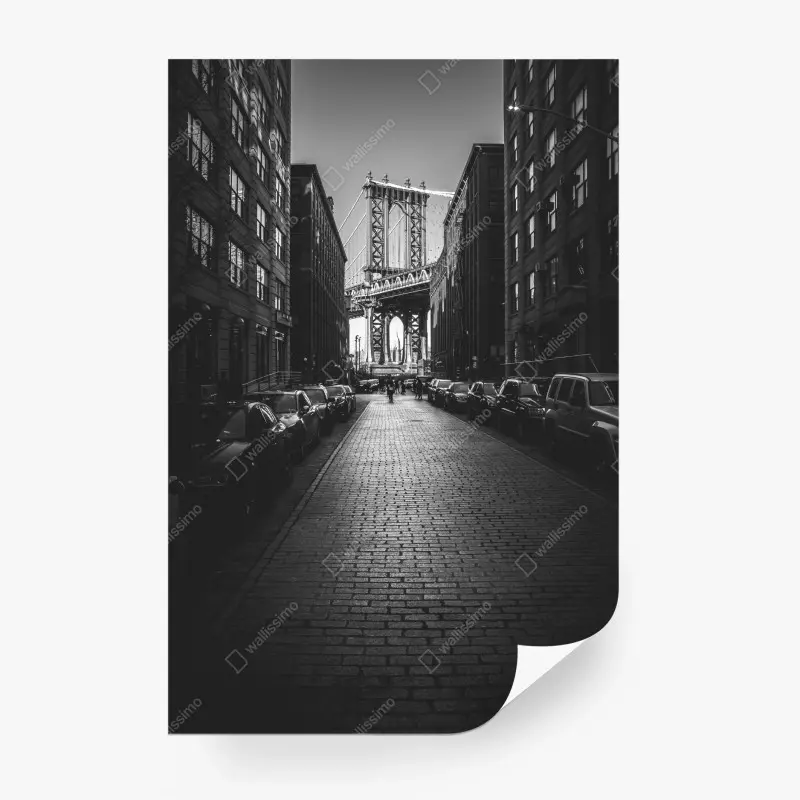Fototapeta most Manhattan w kadrze brukowanej ulicy