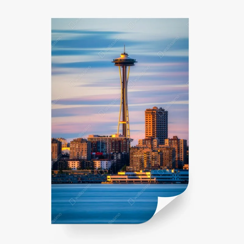 Fototapeta panorama Seattle ze Space Needle o zachodzie słońca