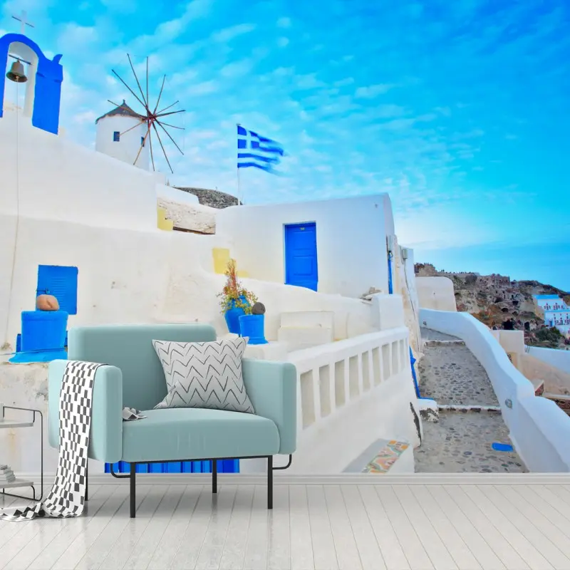 Fototapeta Santorini białe domy i niebieskie drzwi