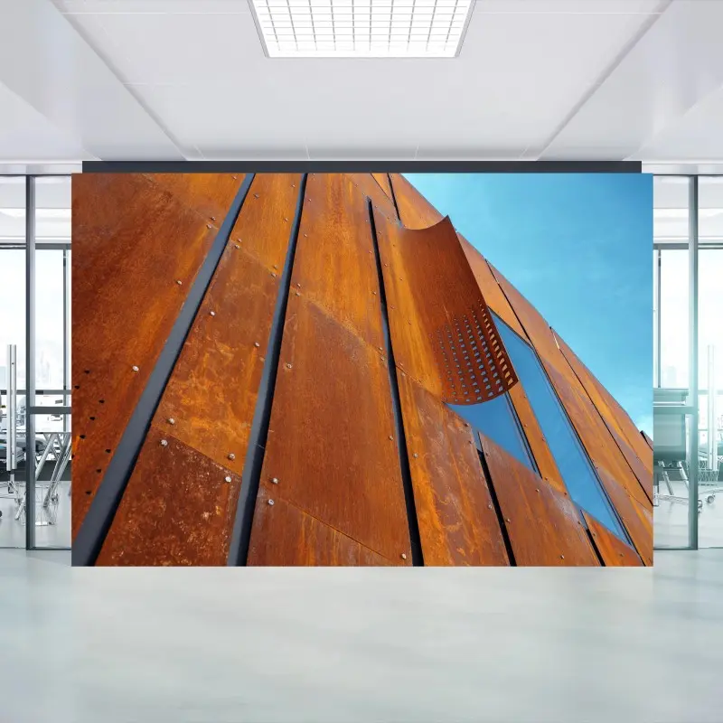 Fototapeta rdzawa fasada z geometrycznymi panelami
