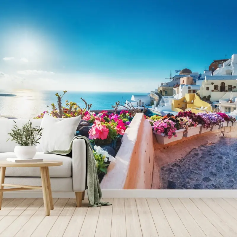 Fototapeta Santorini taras z kwitnącymi kwiatami