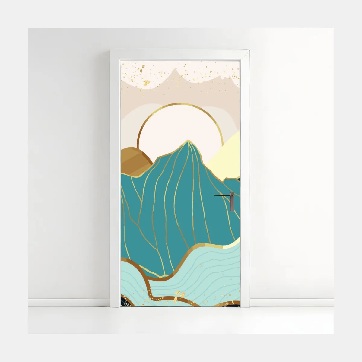 Naklejka na drzwi turkusowe góry o złotych akcentach – Wallissimo® Naklejka na drzwi turkusowe góry o złotych akcentach – Wallissimo®