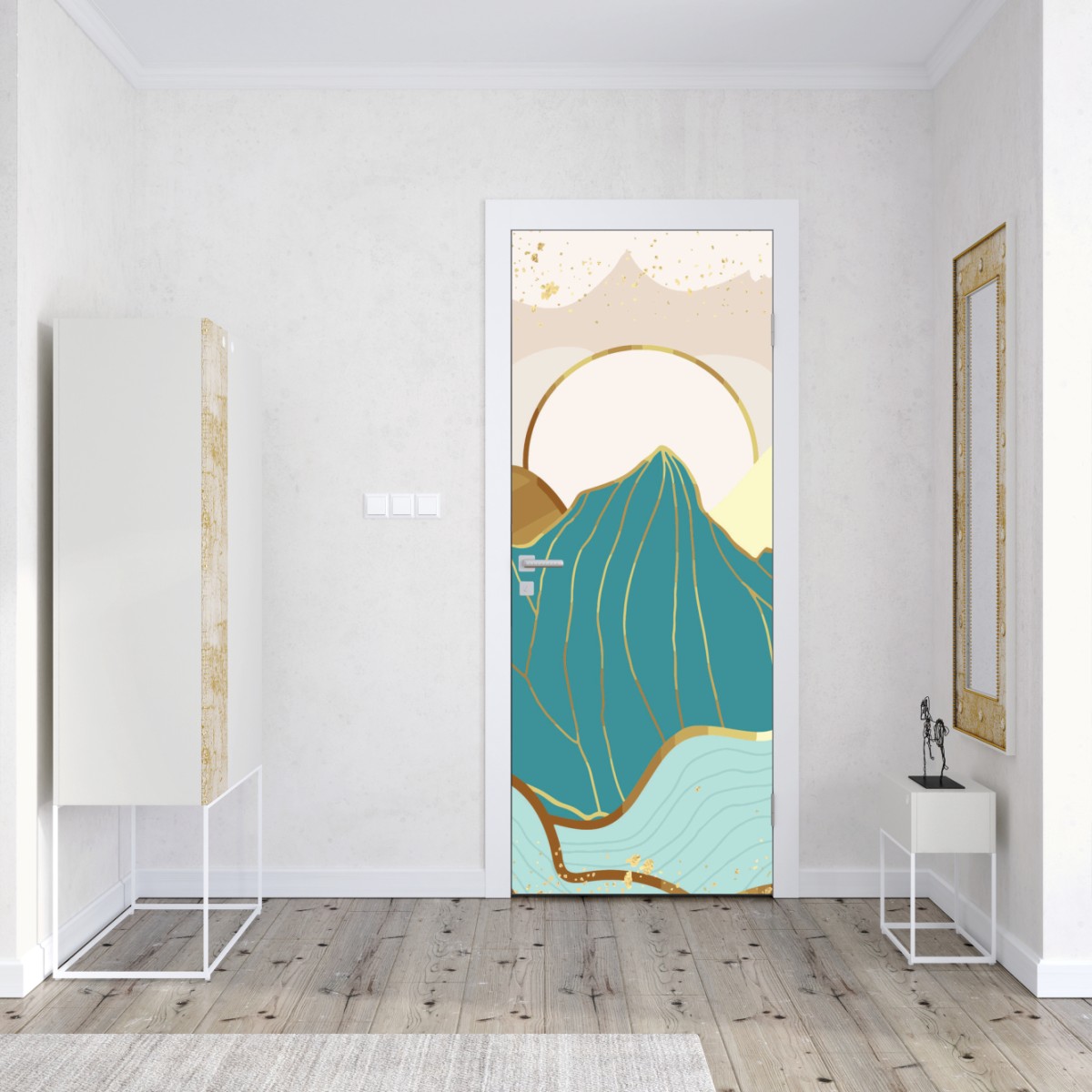 Naklejka na drzwi turkusowe góry o złotych akcentach – Wallissimo® Naklejka na drzwi turkusowe góry o złotych akcentach – Wallissimo®