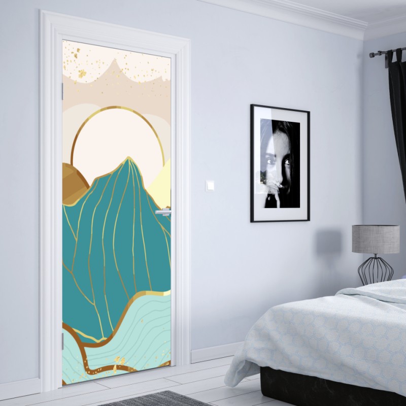 Naklejka na drzwi turkusowe góry o złotych akcentach – Wallissimo® Naklejka na drzwi turkusowe góry o złotych akcentach – Wallissimo®