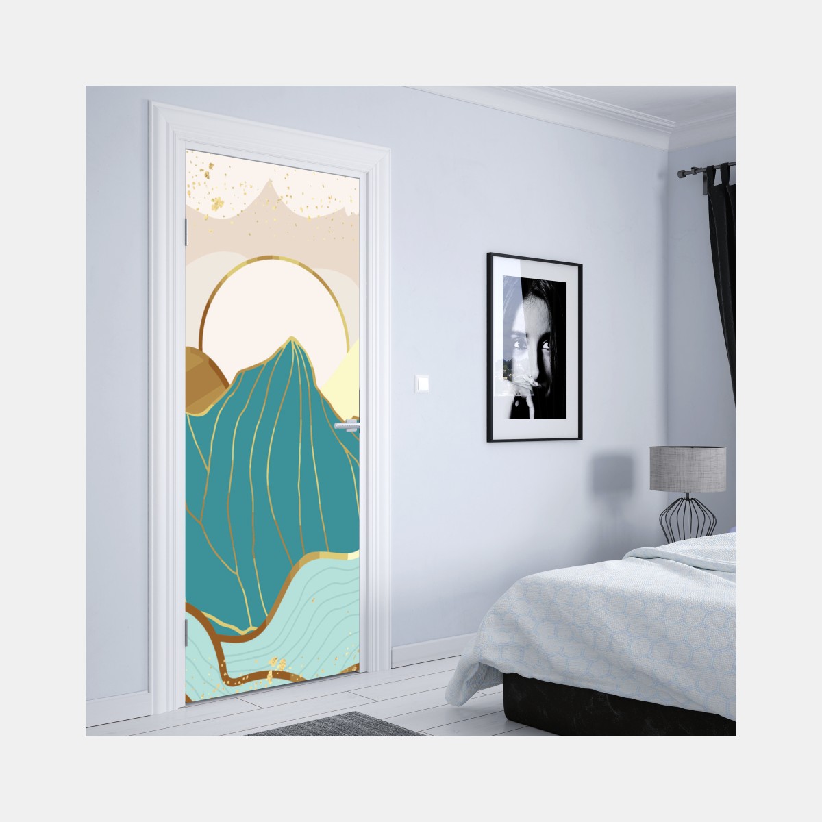 Naklejka na drzwi turkusowe góry o złotych akcentach – Wallissimo® Naklejka na drzwi turkusowe góry o złotych akcentach – Wallissimo®