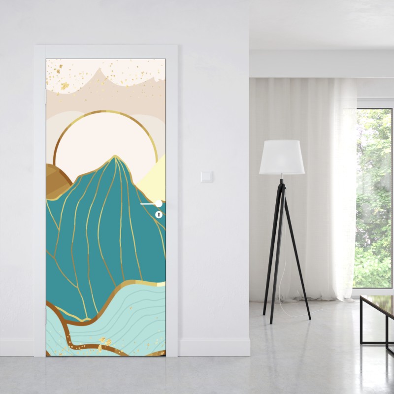 Naklejka na drzwi turkusowe góry o złotych akcentach – Wallissimo® Naklejka na drzwi turkusowe góry o złotych akcentach – Wallissimo®