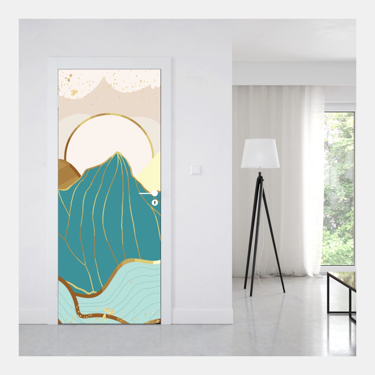 Naklejka na drzwi turkusowe góry o złotych akcentach – Wallissimo® Naklejka na drzwi turkusowe góry o złotych akcentach – Wallissimo®