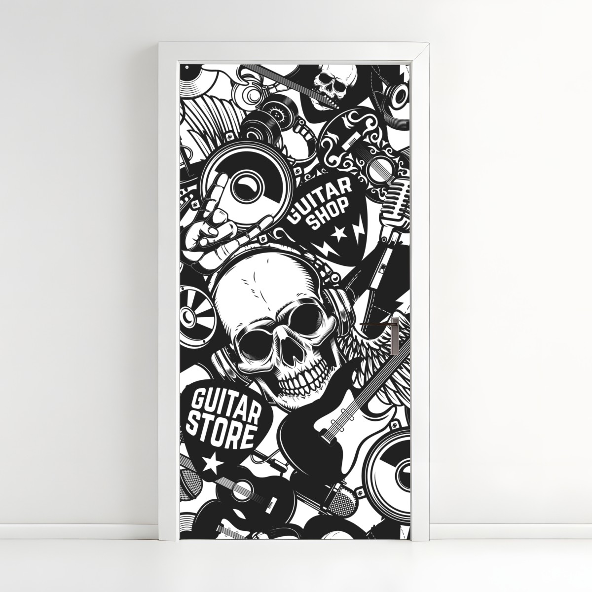 Door sticker rock and roll skull music collage