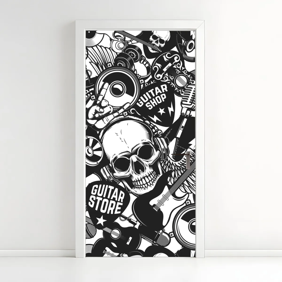 Naklejka na drzwi rockowy kolaż z czaszką i gitarami – Wallissimo® Naklejka na drzwi rockowy kolaż z czaszką i gitarami – Wallissimo®