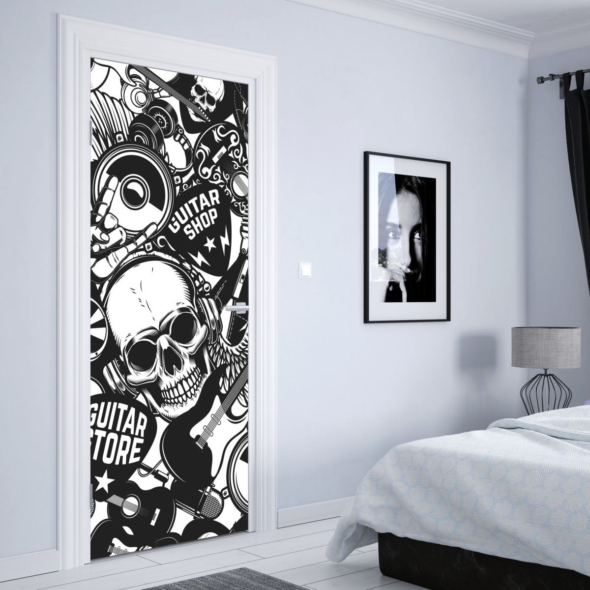 Naklejka na drzwi rockowy kolaż z czaszką i gitarami – Wallissimo® Naklejka na drzwi rockowy kolaż z czaszką i gitarami – Wallissimo®