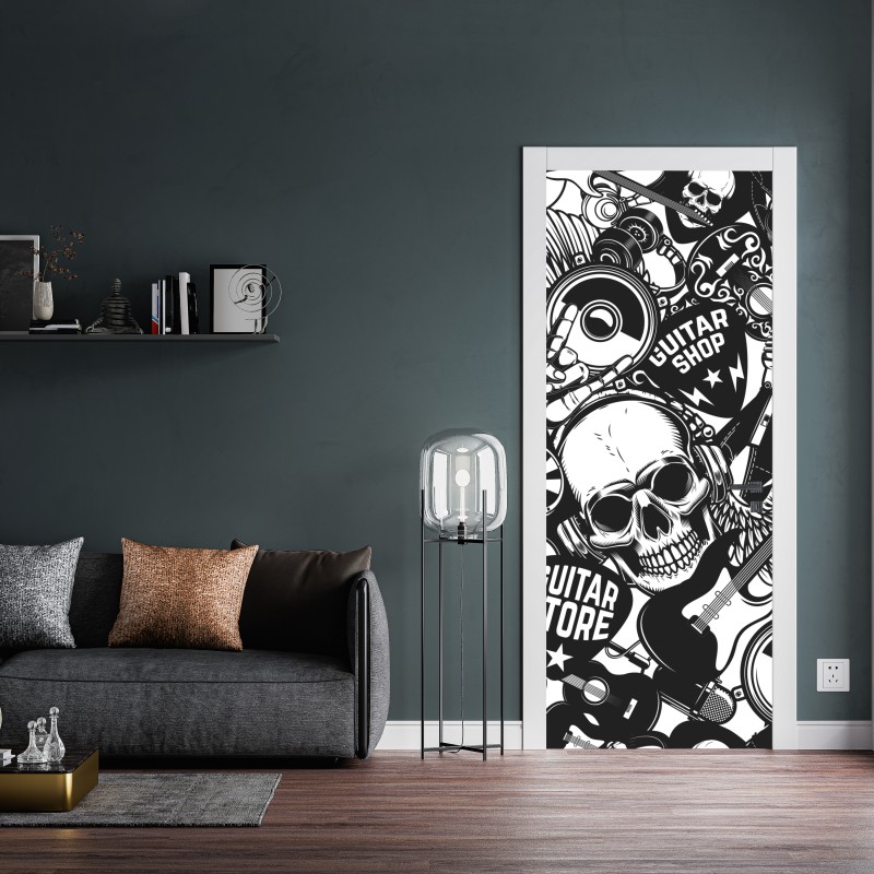 Naklejka na drzwi rockowy kolaż z czaszką i gitarami – Wallissimo® Naklejka na drzwi rockowy kolaż z czaszką i gitarami – Wallissimo®
