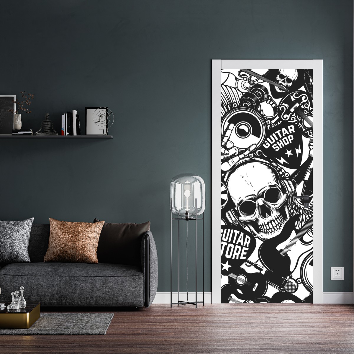 Naklejka na drzwi rockowy kolaż z czaszką i gitarami – Wallissimo® Naklejka na drzwi rockowy kolaż z czaszką i gitarami – Wallissimo®