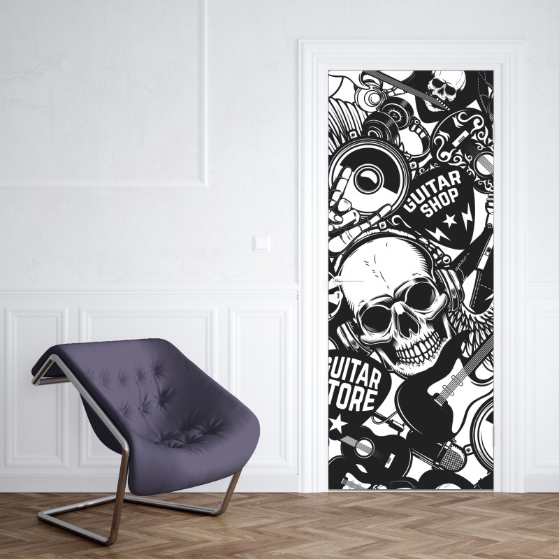 Naklejka na drzwi rockowy kolaż z czaszką i gitarami – Wallissimo® Naklejka na drzwi rockowy kolaż z czaszką i gitarami – Wallissimo®