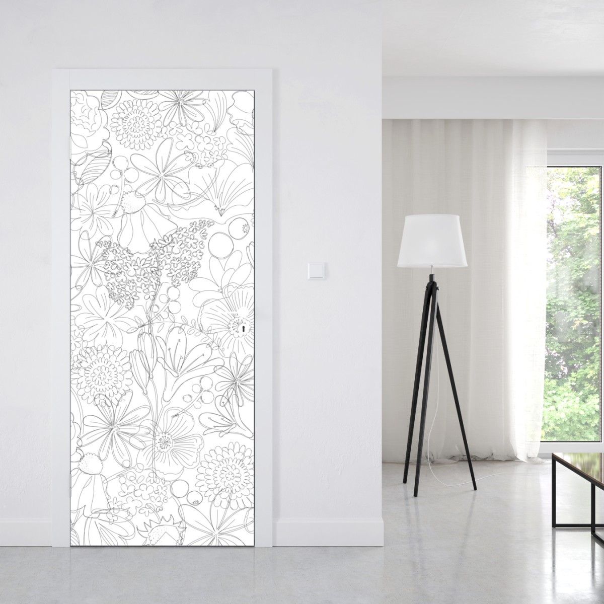 Naklejka na drzwi delikatny ręcznie rysowany kwiatowy wzór liniowy – Wallissimo® Naklejka na drzwi delikatny ręcznie rysowany kwiatowy wzór liniowy – Wallissimo®