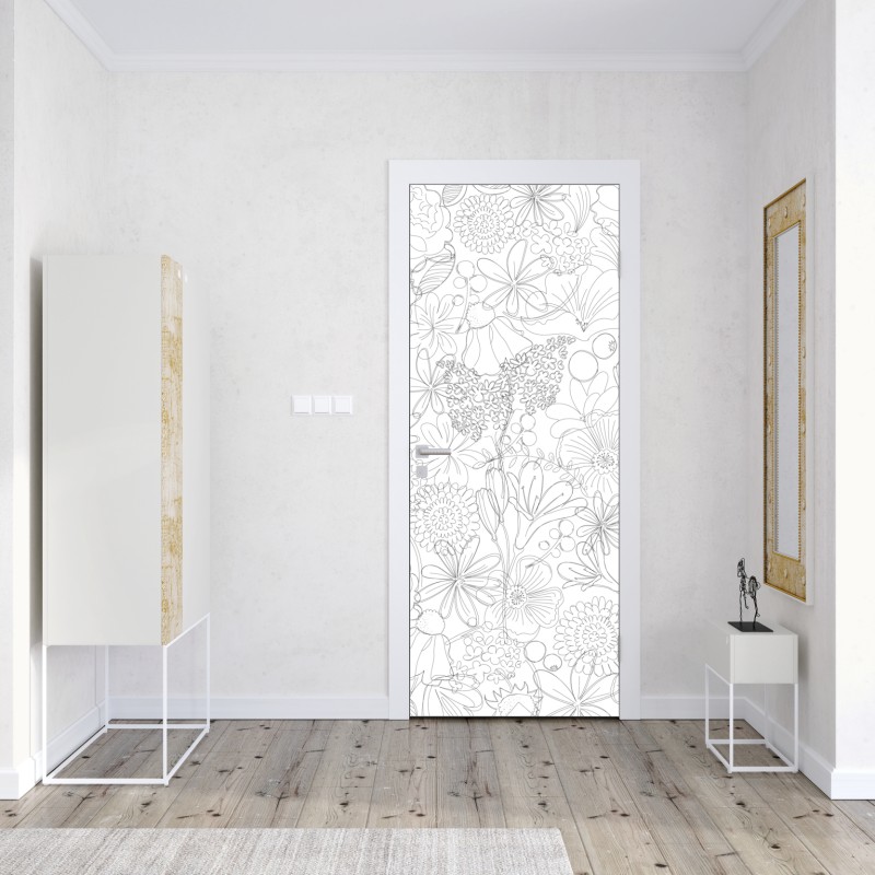 Naklejka na drzwi delikatny ręcznie rysowany kwiatowy wzór liniowy – Wallissimo® Naklejka na drzwi delikatny ręcznie rysowany kwiatowy wzór liniowy – Wallissimo®