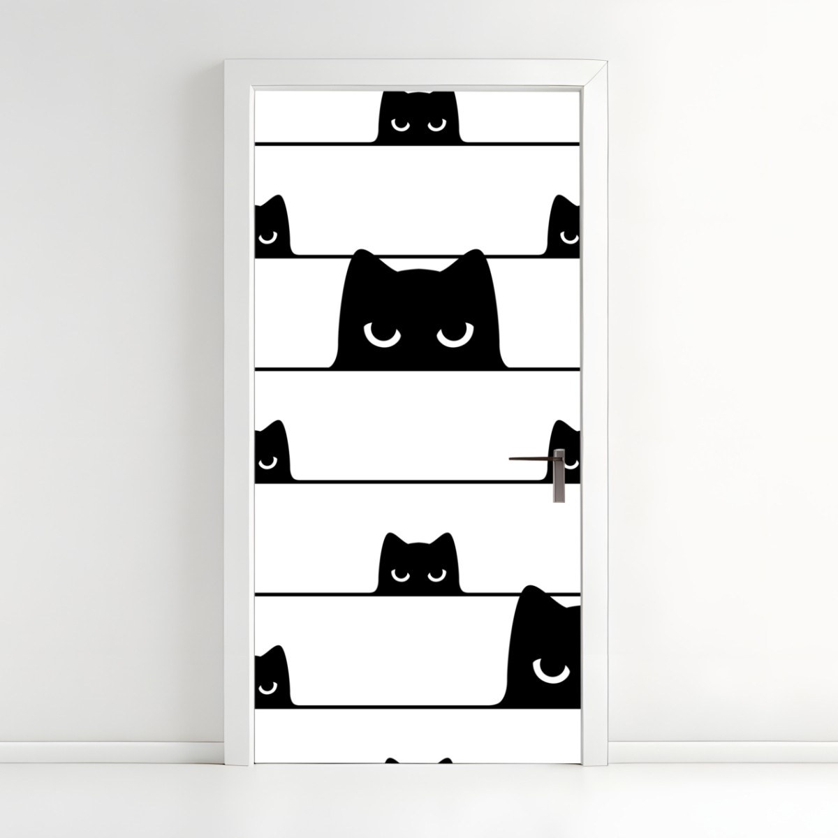 Door sticker playful peeking cats on a striped background