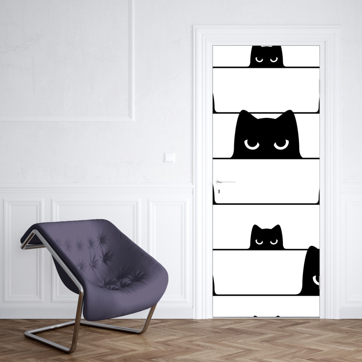 Naklejka na drzwi figlarne koty wyglądające zza pasków – Wallissimo® Naklejka na drzwi figlarne koty wyglądające zza pasków – Wallissimo®