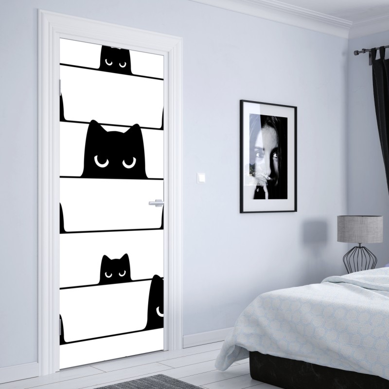 Naklejka na drzwi figlarne koty wyglądające zza pasków – Wallissimo® Naklejka na drzwi figlarne koty wyglądające zza pasków – Wallissimo®