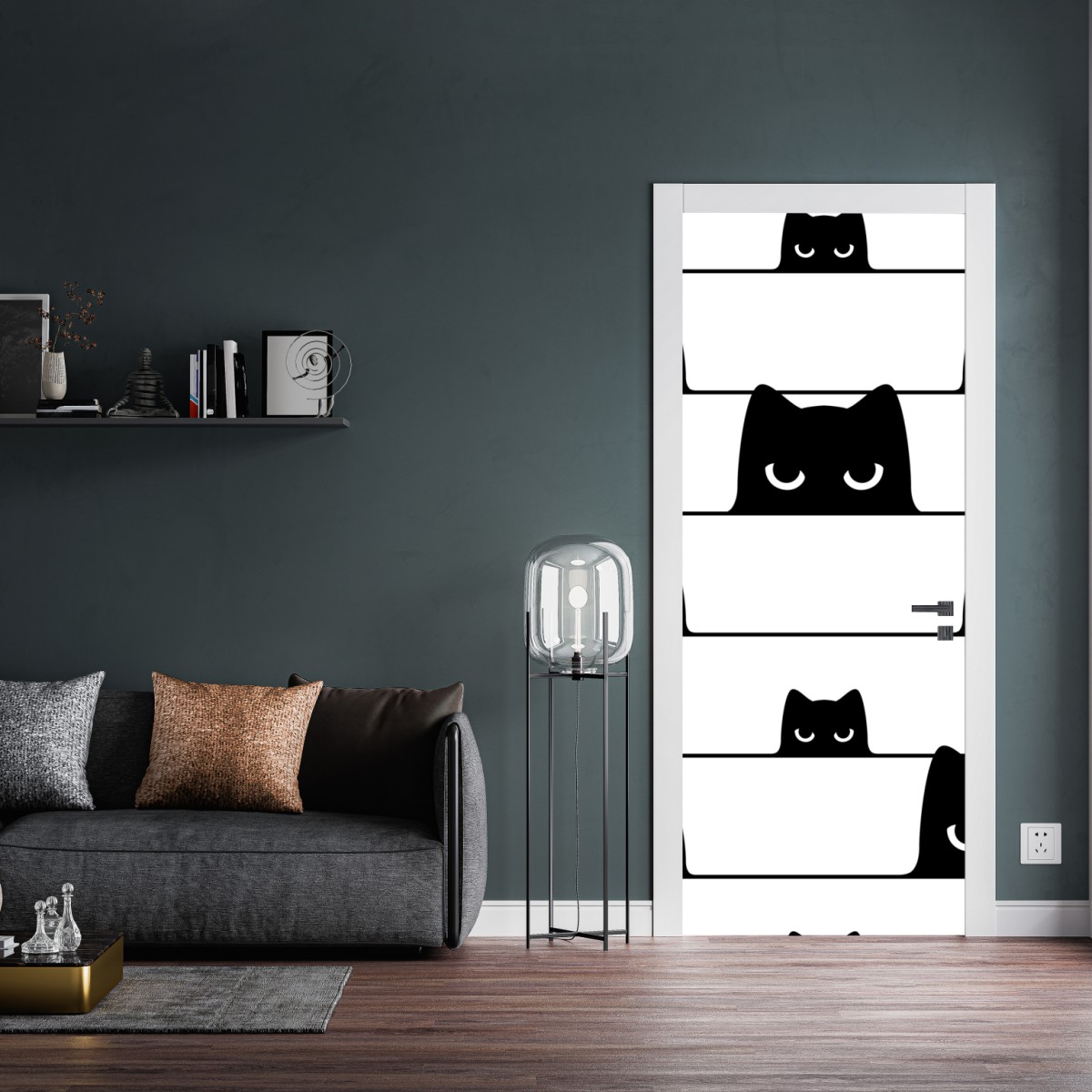 Naklejka na drzwi figlarne koty wyglądające zza pasków – Wallissimo® Naklejka na drzwi figlarne koty wyglądające zza pasków – Wallissimo®