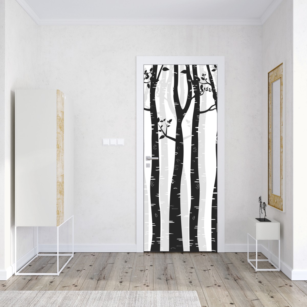 Naklejka na drzwi monochromatyczny las brzóz – Wallissimo® Naklejka na drzwi monochromatyczny las brzóz – Wallissimo®