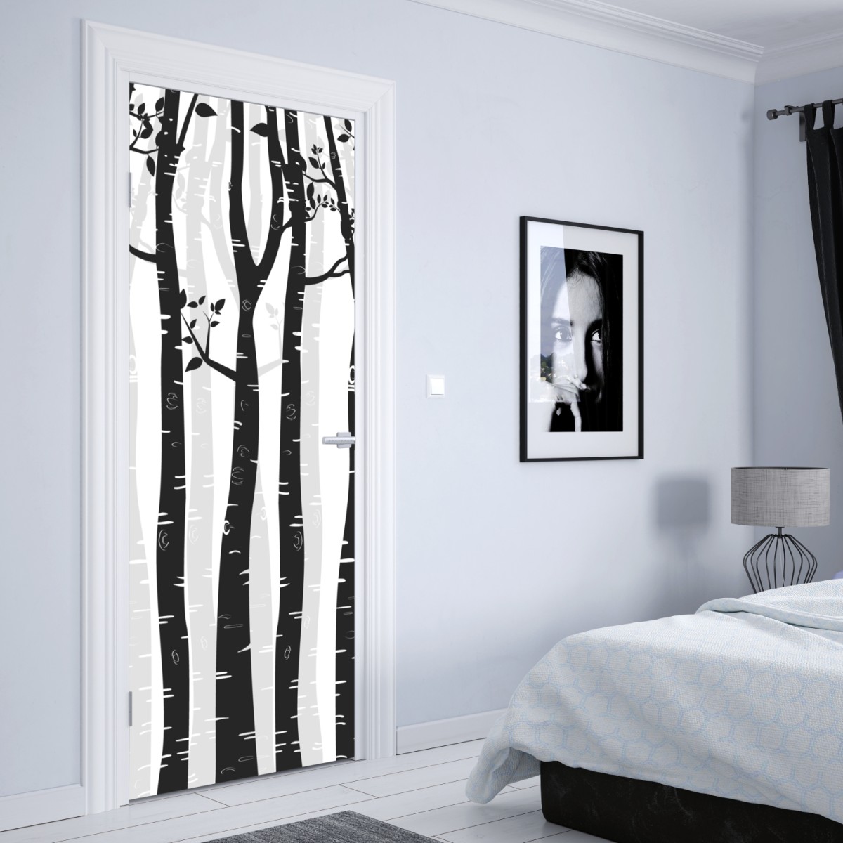 Naklejka na drzwi monochromatyczny las brzóz – Wallissimo® Naklejka na drzwi monochromatyczny las brzóz – Wallissimo®