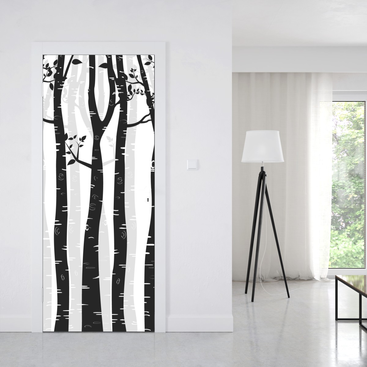 Naklejka na drzwi monochromatyczny las brzóz – Wallissimo® Naklejka na drzwi monochromatyczny las brzóz – Wallissimo®